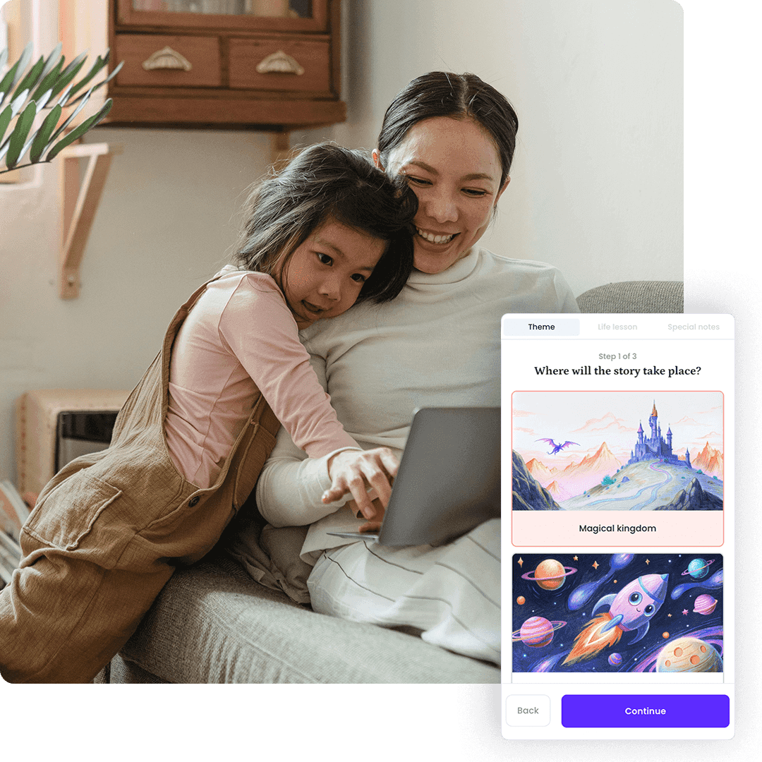 A parent and child choosing story details together