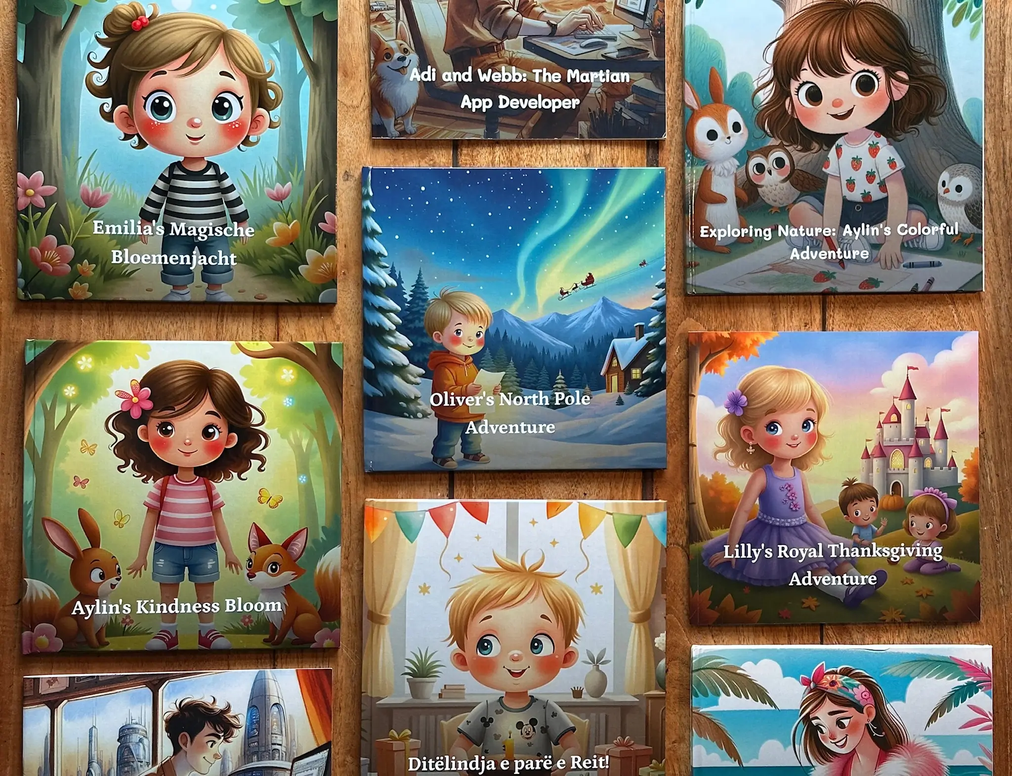 A shelf of personalized TinyTeller books