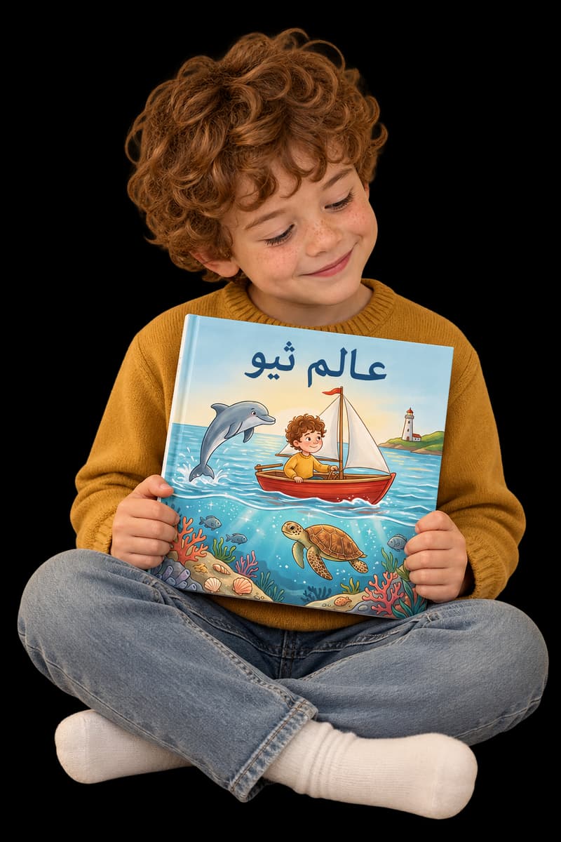 طفل مبتسم يحمل كتابًا مخصّصًا بغلاف صلب يحمل رسمًا له