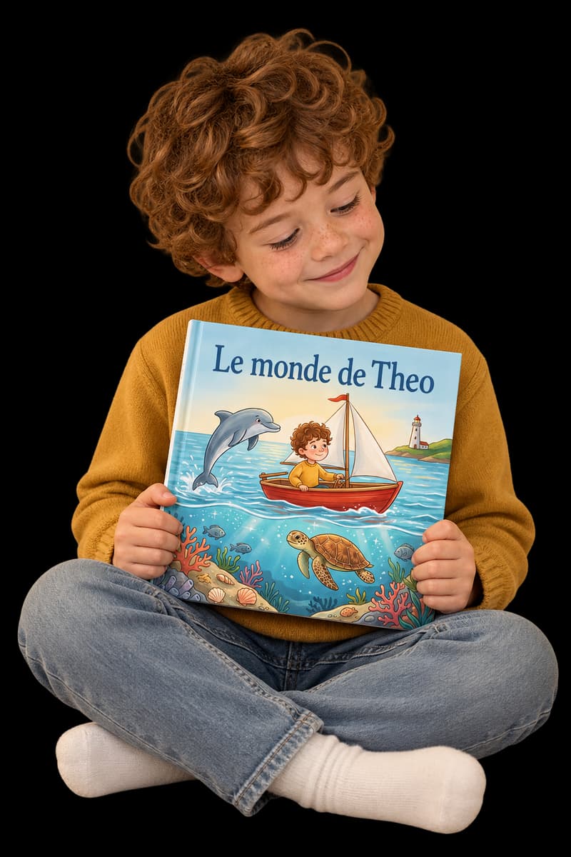 Un petit garçon souriant tient un livre personnalisé à couverture rigide avec son portrait illustré sur la couverture