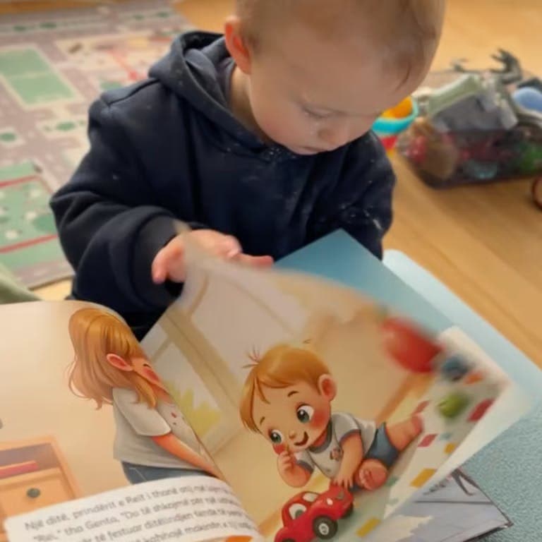 A parent holding a TinyTeller book