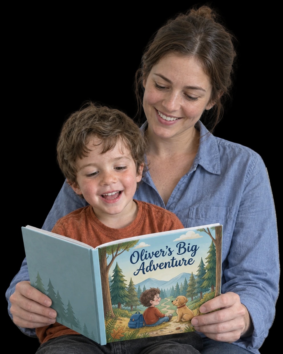 Oliver smiling on his mother’s lap as she reads his personalized book with him