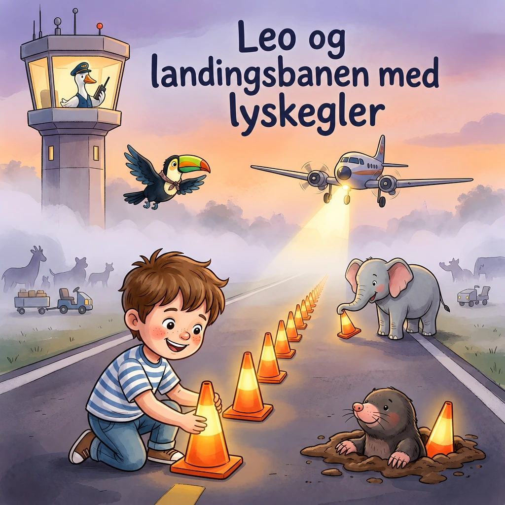 Omslaget til Leo og landingsbanen med lyskegler