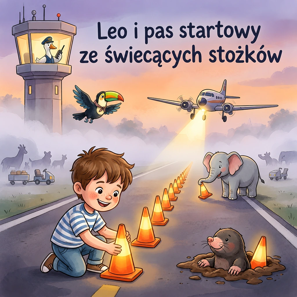 Okładka książki Leo i pas startowy ze świecących stożków