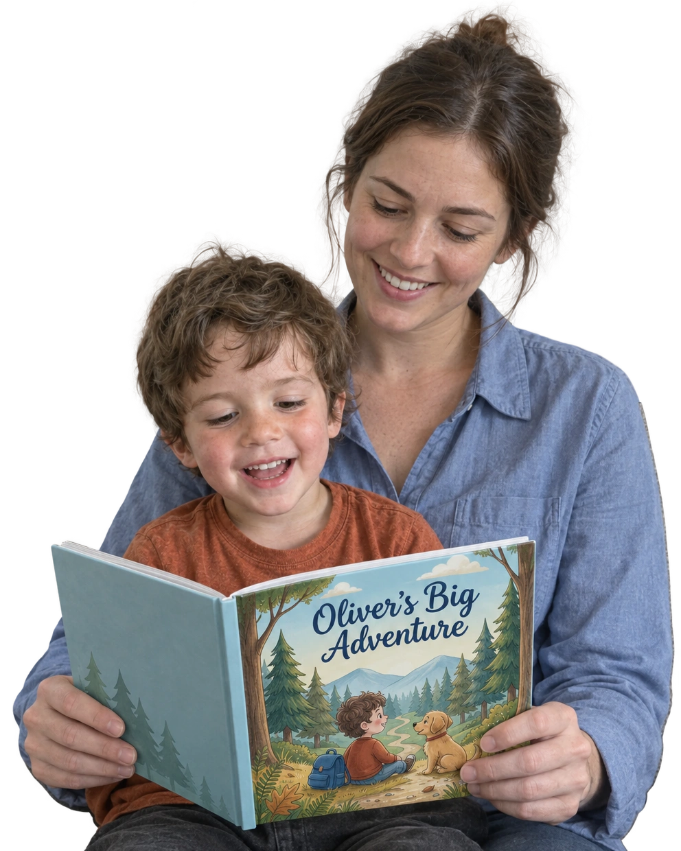 Oliver smiling on his mother’s lap as she reads his personalized book with him